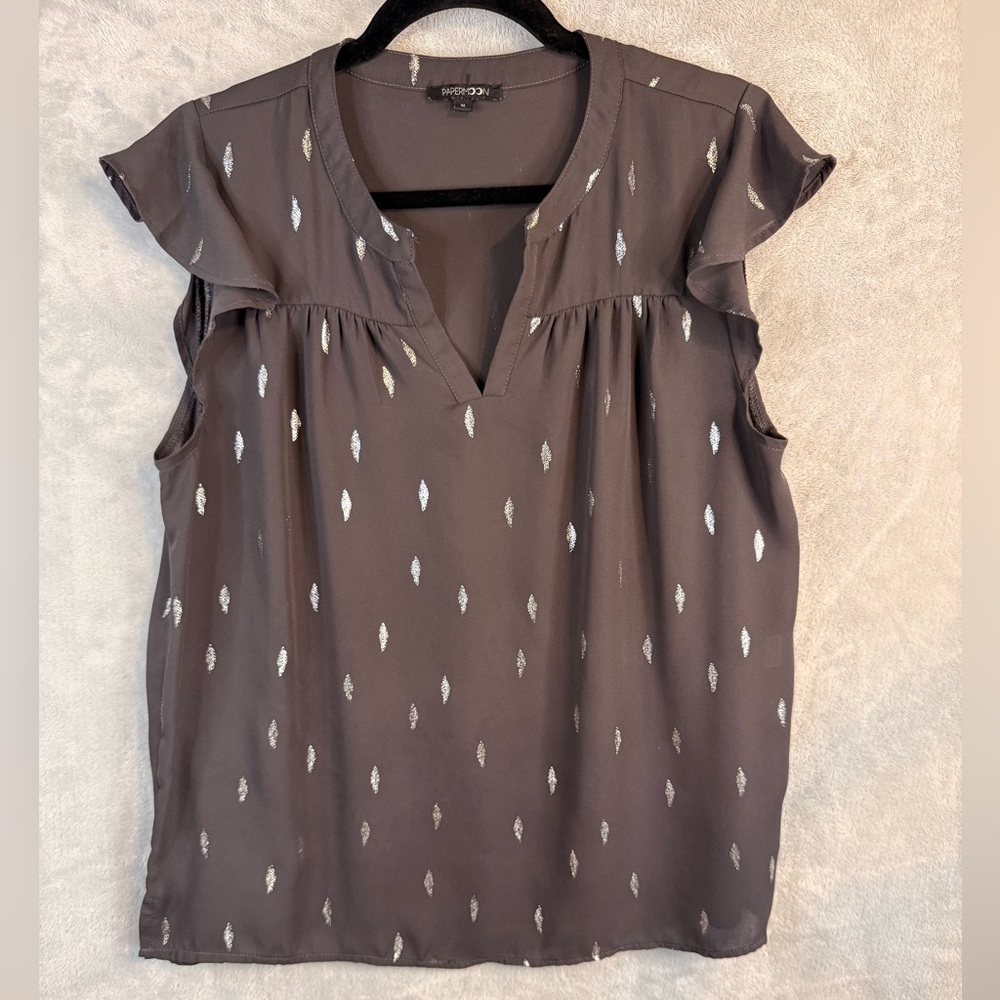 Papermoon Dark Gray Sleeveless V-Neck Top with Metallic Accents